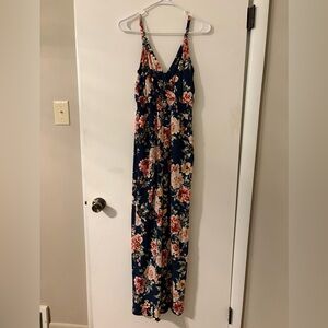 Xhilaration Floral Print Jumpsuit with Blue and Red Accents